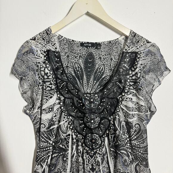 Apt 9 Top Women L Black White Y2K Bedazzled Grunge Emo Boho Sheer Cap Sleeve - Picture 3 of 8